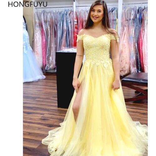 HONGFUYU Dresses Woman Party Night Yellow A-line Prom Dresses Appliques Off Shoulder Lace Tulle vestidos Evening Dress Side Slit