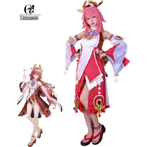 ROLECOS Game Genshin Impact Yae Miko Cosplay Costume Yae Guuji Cosplay Costume Sexy Women Dress Halloween Necklace Belt Full Set