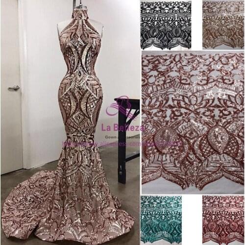 La Belleza 1 yard Champgane gold /green/black/red on nude net embroidery sequins evening/wedding dress lace fabric 51