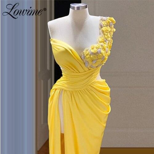 Lowime Yellow Women Evening Dress High Split Side Chiffon Party Gowns 2021 Custom Made With Handmade Flowers Prom Dresses Robes