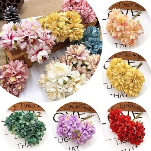 6pcs/Lot mini Carnation Bouquet Silk Artificial Flowers DIY Handmade Wreath Scrapbook Wedding Decoration Craft Fake Flower
