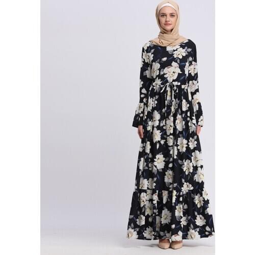 Fashion Flower plant printed Muslim abayas flare sleeve Robe Musulmane Dubai Abaya Muslim Robe Worship Service abaya wj2817