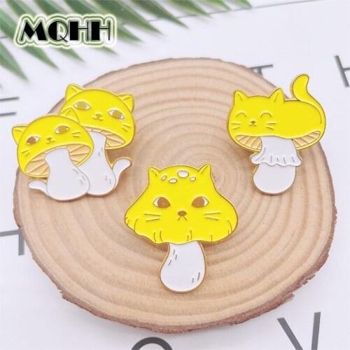 Cartoon Cute Animals Yellow Cat Enamel Pins Fun Mushroom Shape Alloy Brooch Badge Clothes Sweet Accessories Jewelry Gifts