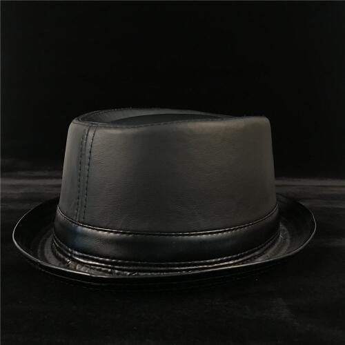 100% Leather Balck Men Pork Pie Hat For Dad Fedora Hat Fasgion Gentleman Flat Bowler Porkpie Jazz Hat Size S M L XL