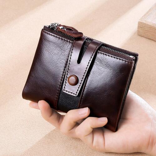 SOUTH GOOSE Genuine Leather Mens Wallet Anti-Theft RFID Business Short Wallets Double Zipper Organizer Coin Purse Pockets