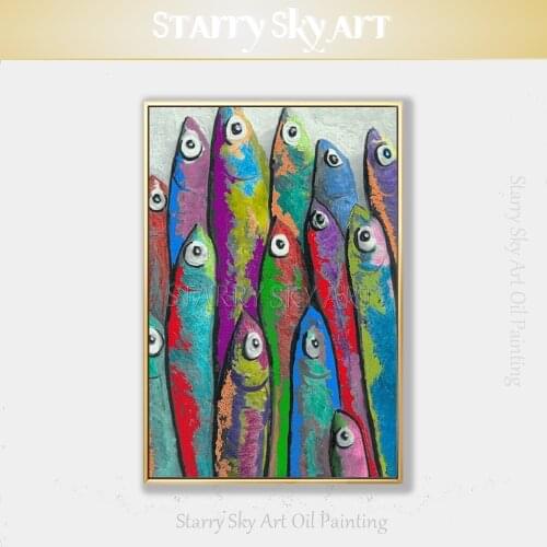 New Painting Hand-painted Abstract Modern Fishes Acrylic Painting on Canvas Funny Animal Fish Acrylic Painting for Wall Decor