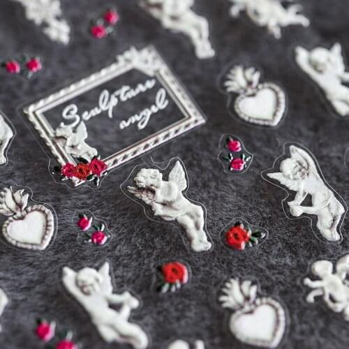 New 5D Engraved Nail Sticker Red Color Flowers Angel Portrait Image Charm Desgin Empaistic Nail Slide Decals Z0423