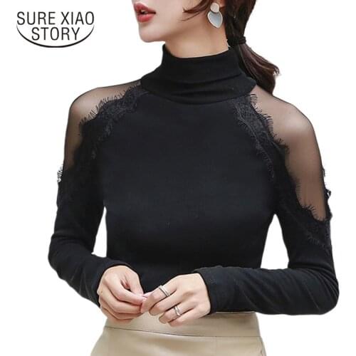 Autumn Long Sleeve Lace Blouse Women Spring New Fashion Solid Blouse Women Casual Office Lady Turtleneck Slim Women Shirts 11093