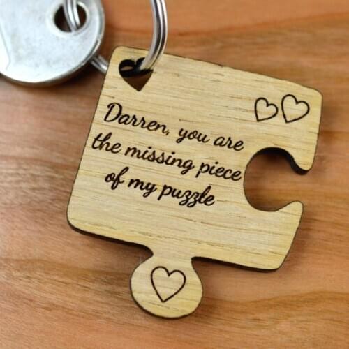 Personalised Oak Wooden Jigsaw Piece Valentines Day Keyring