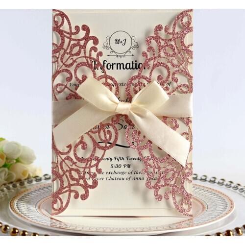 Glitter Laser Cut Wedding Invitations with Ribbon and Envelopes for Bridal Shower Birthday Party Engagement Cards 100pcs