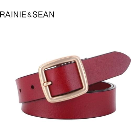 RAINIE SEAN Red Women Belt Genuine Leather White Waist Belt Pin Buckle Cowskin Women Leather Belt for Trousers Accessories 110cm