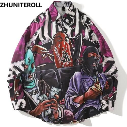 Fashion Vintage Autumn Shirts Masked Man Print Streetwear Shirt Hip Hop Casual Blouse Harajuku Loose Long Sleeve Button Tops