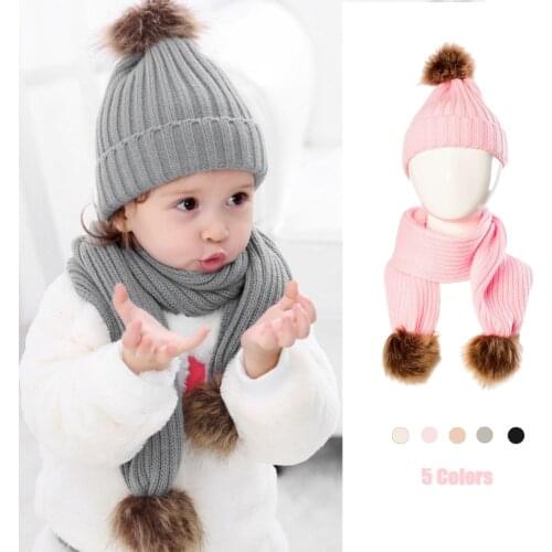 Children Winter Knitted Hat Set 2 Pieces Newborn Baby Solid Color Wool Ball Warm Scarf + Knitted Hat Baby Warmer Set 1-4 Years