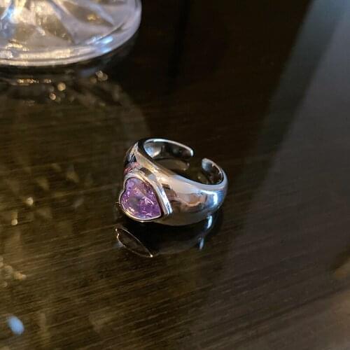 SRCOI Vintage Purple Love Heart Rhinestone Open Rings Unique Female Girl Metallic Geometric Chunky Temperament Rings New Arri