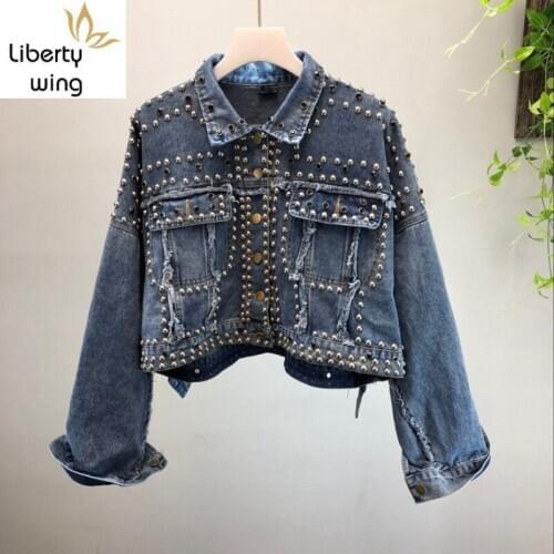 2020 New Rivet Diamonds Denim Women Tassel Frayed Short Ladies Coat Single Breasted Lapel Harajuku Jeans Jacket Female