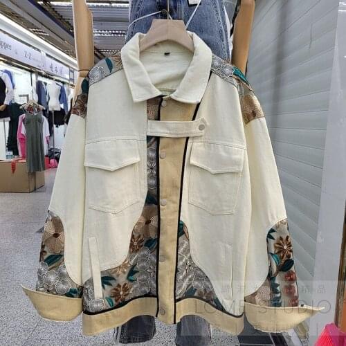 2021 spring autumn new Chinese style fashion denim jacket women loose retro embroidered patchwork jean coat long sleeves tops