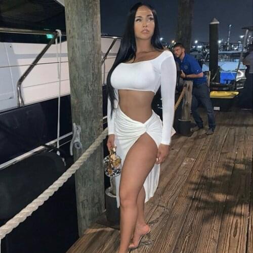 2021 Womens Clothing European and American Sexy Off-the-Shouollder Slash Neck Pleated Two-Piece Dress Criss-cross Dress