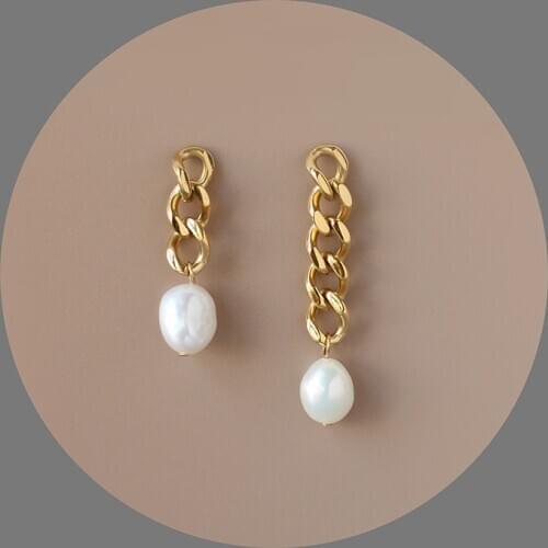 Amaiyllis 18K Gold Freshwater Pearls Earrings Stud Asymmetrical Gold Chain Long Drop Earrings For Women 18k Jewelry