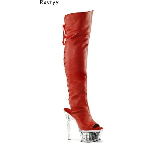Autumn Fashion Red Cross tied Woman long boots platform heel peep toe Women knee-high boots female acting show club party shoes