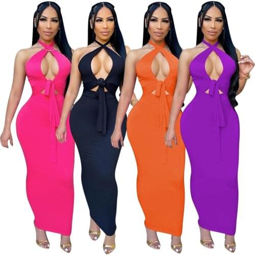 Echoine Solid Wrap Cross Halter Backless Hollow Out Dress Skinny Bodycon Lace Up Party Club Party Fitness Vintage Vestidos Hot