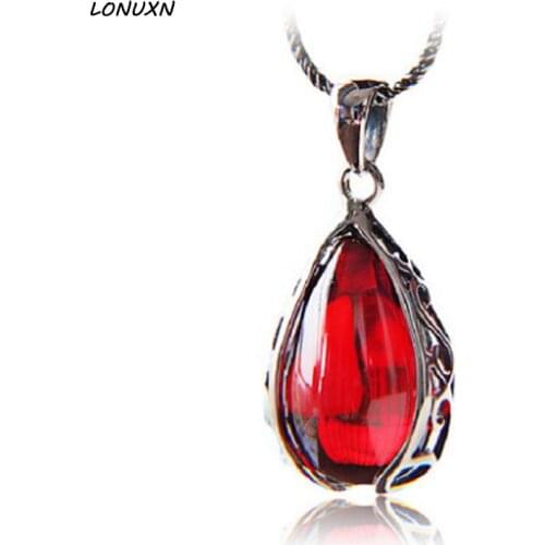 Natural semi-precious stones 925 silver necklace women jewelry red Garnet 100% handmade Vintage Bangkok Pendant girlfriend gift