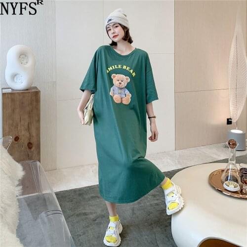 NYFS Summer Dress 2021 Korean New Short Sleeve Woman Dress Vestidos Robe Elbise Fashion Pure cotton Cute bear letters Long Dress