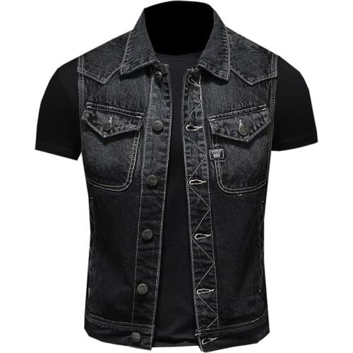 Motorcycle black male denim vest sleeveless waistcoat Autumn Plus size 6XL Casual Tops Jeans Jackets Streetwear Many pockets