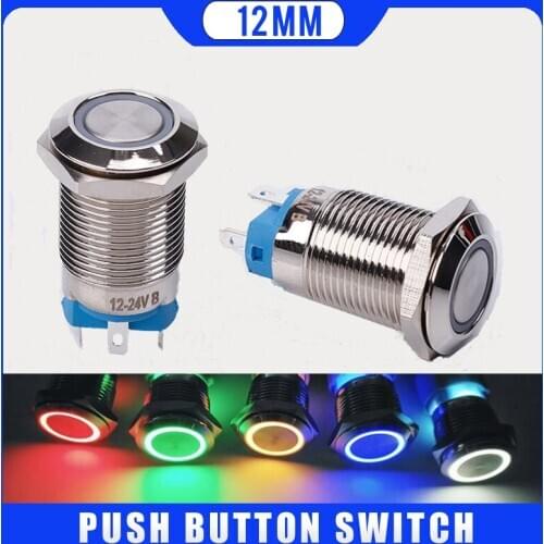 12mm Flat head on off Latching Push Button Switch With LED 3V 5V 12V 24V 110v 220V 12mm Self Locking Waterproof Metal Switch