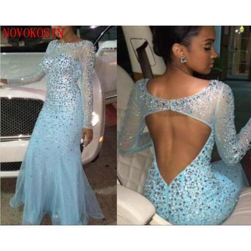2019 Sexy Backless See Though Beaded Crystal Party Dresses Mermaid Long Sleeves Formal Evening Dress Light Sky Blue Prom Dresses