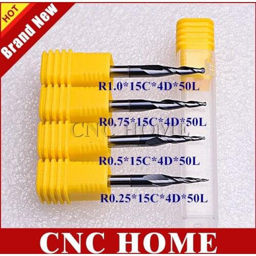 4Pcs HRC55 R0.25/R0.5/R0.75/R1.0 Tapered Ball Nose end mill solid carbide coated cone cnc milling cutter woodworking router bits