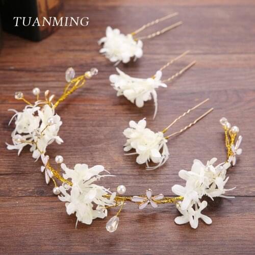 4PCS/Set Flower Crystal Pearl Wedding Bridal Hair Jewelry Headbands Hair Pins For Women Beige Handmade Hair Accessories Ornament