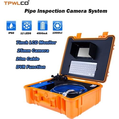 7" TFT LCD Pipe Wall Video Inspection System DVR Function 20m Cable 25mm Waterproof Underwater Drain Camera With 12pcs LEDS