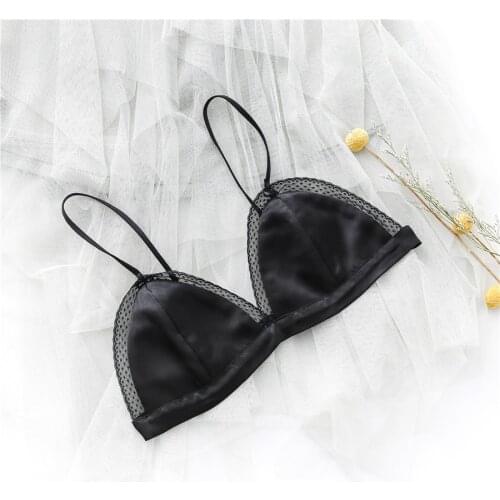 Silk satin with lace women wire fee triangle cup no closure elastic band ultra-thin no pad AB cup suitable girl lady lovely bra