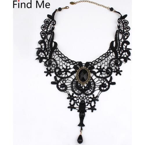 Find Me 2019 brand fashion Gothic Black Lace statement necklace gothic big gem Vintage boho collar Choker Necklace Women Jewelry