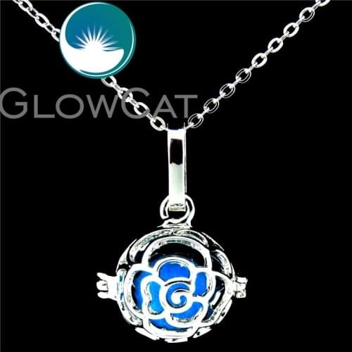 GLOWCAT K512 Round Rose Flower Shape Beads Pendant Cage Locket Essential Oil Diffuser Pearl 18" Stainless Necklace Jewelry