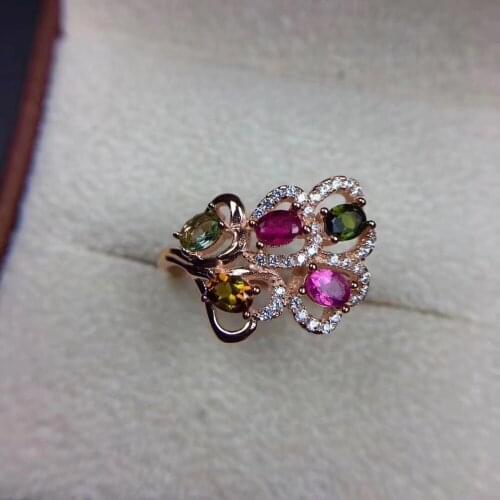 Elegant fan Leaf Flower Natural Multicolor tourmal Ring S925 Silver Natural gem stone Ring Womens party gift fine Jewelry