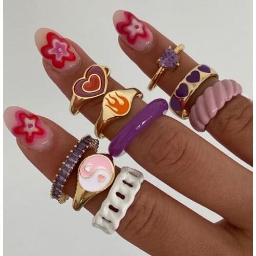 Ins Style Colorful Love Heart Rings For Women Men Lover Vintage Heart Couple Rings Yingyang Flame Finger Ring Jewelry кольцо