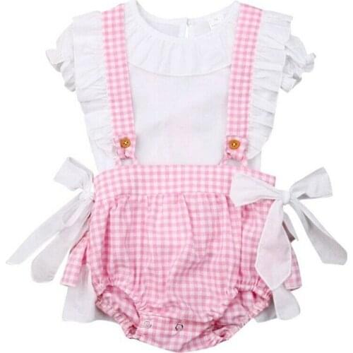 0-24M Newborn Infant Baby Girl Summer Clothes Set White Top T-Shirt+Pink Plaid Print Ruffle Short Pants Outfit 2Pcs