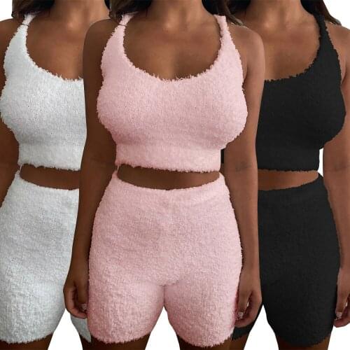 Fashion Women Summer Solid Plush 2 Piece Set for Home Cross Strap Sexy O-Neck Sleeveless Backless Slim Top+Elastic Shorts