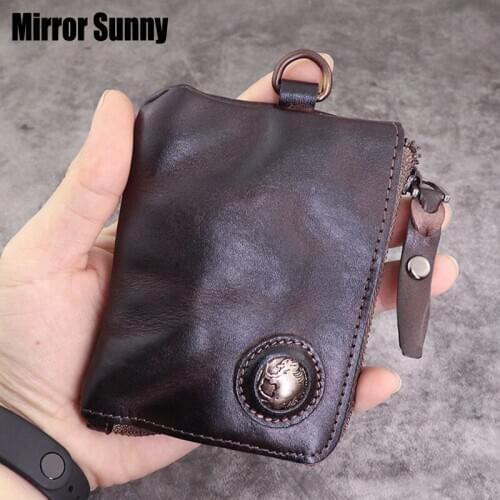 New Mens Wallet Male Retro First Layer Cowhide Genuine Leather Make Old Small Zipper Purse Coin Purse Key Bag Card Holder Bag