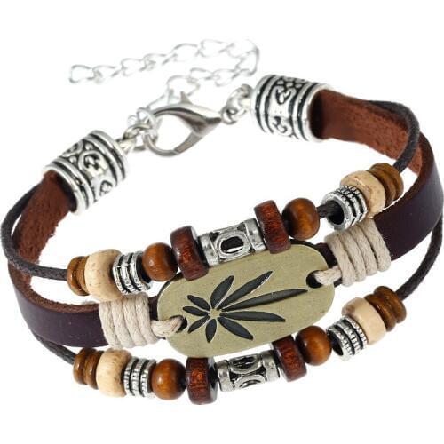 Multilayer Punk Brown Genuine Leather Wood Beads Men Alloy Maple Leaf Charm Bracelets For Women Homme Femme Lover Gift Jewelry