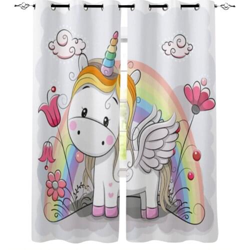 Cartoon Cute Unicorn Flower Rainbow Window Curtains for Living Room Home Decor Child Bedroom Kitchen Curtains Drapes
