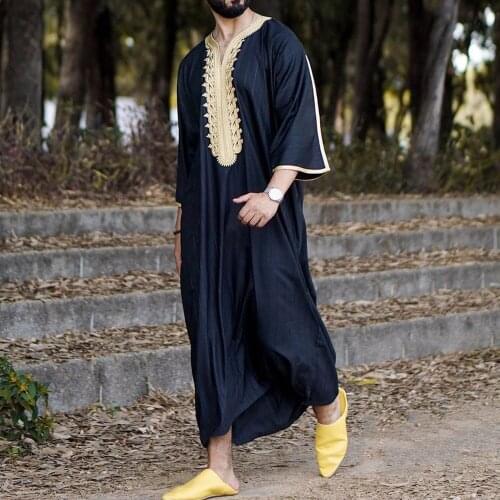 Islam Abaya Mens Clothing Muslim Dresses Long 2021 V-Neck Color Block Patchwork Fashion Slim Male Dress 2021 Summer