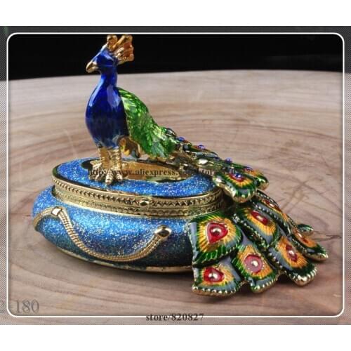 Round Male Peacock Figurine Box Czech Crystals Bird Jewelry, Trinket Keepsake or Pill Box FIGURINE Peacock Box Enamel