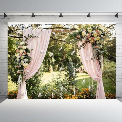 Outdoors Scenery Photography Backdrops Pink Flowers Curtain Wedding Decorations Photo Background Birthday Backdrop Photo Studio