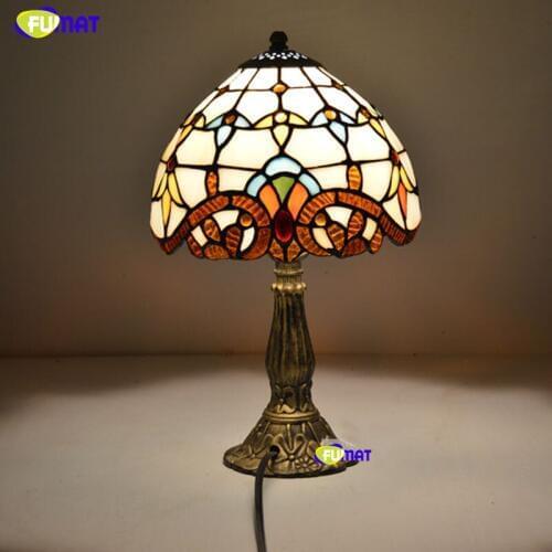 FUMAT Tiffany Table Lamps 8 Inch Classic European Baroque Stained Glass Bedside Lamps Living Room Blue Shade Table Lights E27