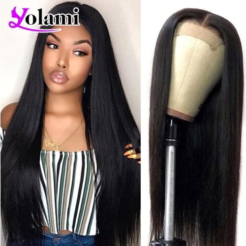 Yolami 4X4 Lace Closure Wigs 180% Density Straight Brazilian Remy Human Hair Wigs For Black Women 8-28inch Pre Plucked Hairline