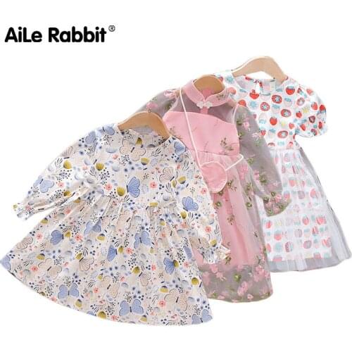 Girls Baby Dress Floral Denim Dress Childrens Clothing Childrens Clothes Autumn Long-sleeved Childrens Clothing