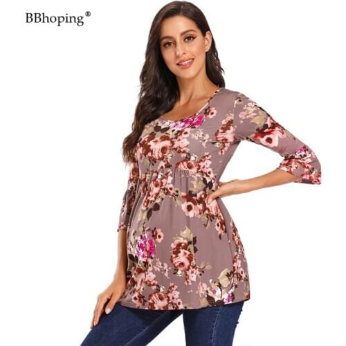 Maternity Top 3/4 Sleeve Ruffles Shirt Floral Casual Pleated Maternity Clothes Prengancy Clothes Mama Flattering Comfortable Fit
