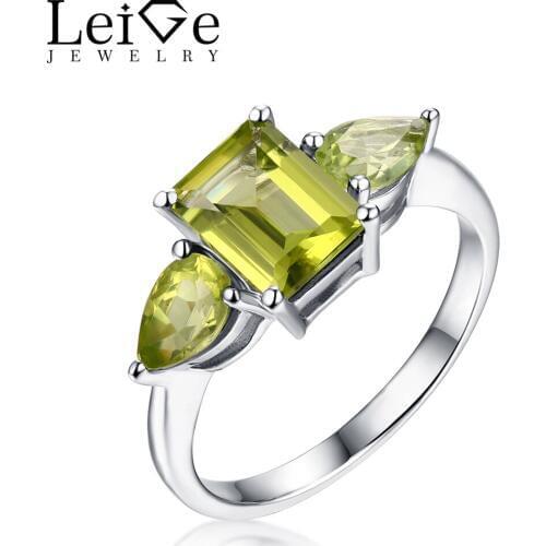 Leige Jewelry Green Peridot Ring Emerald Cut 925 Sterling Silver Rings with Gemstone for Women Wedding Christmas Gift